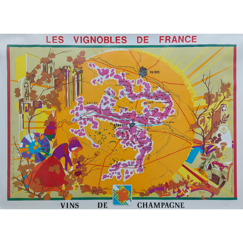 Affiche ancienne originale Vignobles de France Vins de Champagne