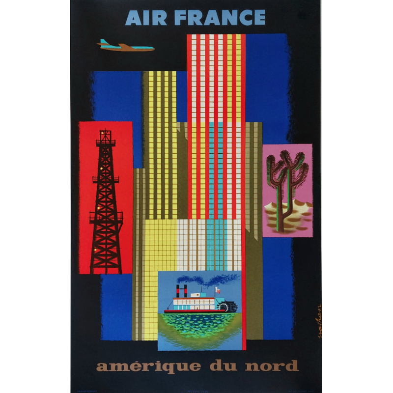 Affiche ancienne originale Air France Amérique de Nord NATHAN