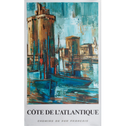 Affiche ancienne originale La Rochelle Côte Atlantique SNCF LARRIEU