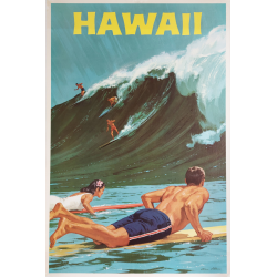 Affiche ancienne originale Couple surfant à Hawaii Charles ALLEN