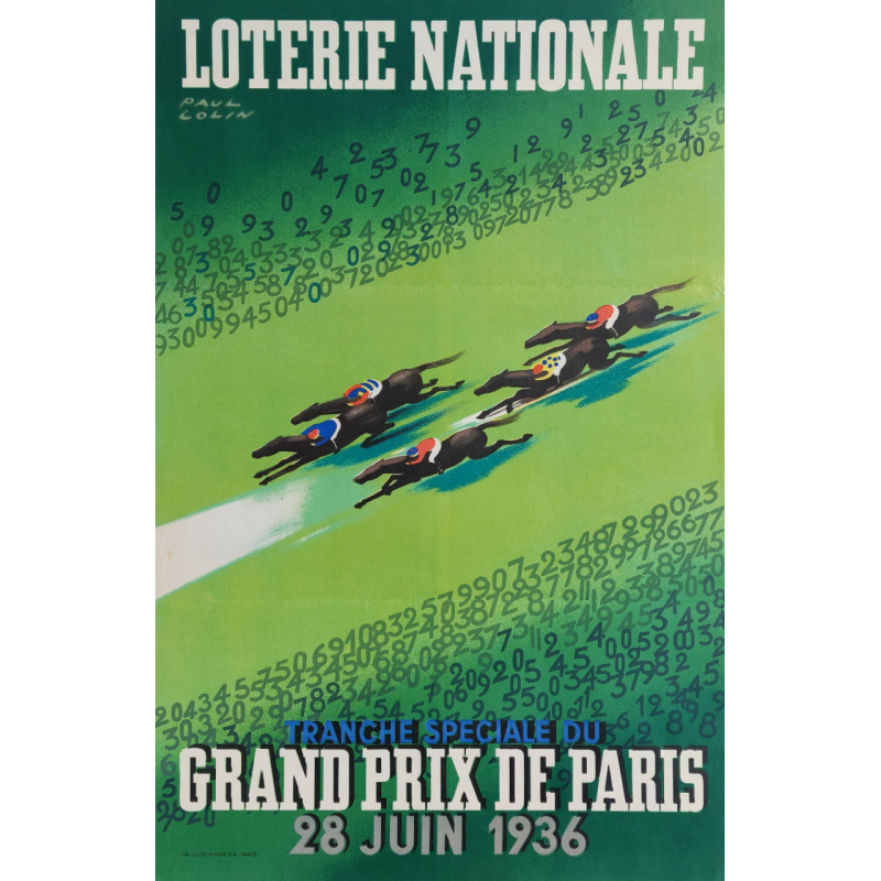 Affiche ancienne originale Grand Prix de Paris 1936 Loterie Nationale Paul COLIN