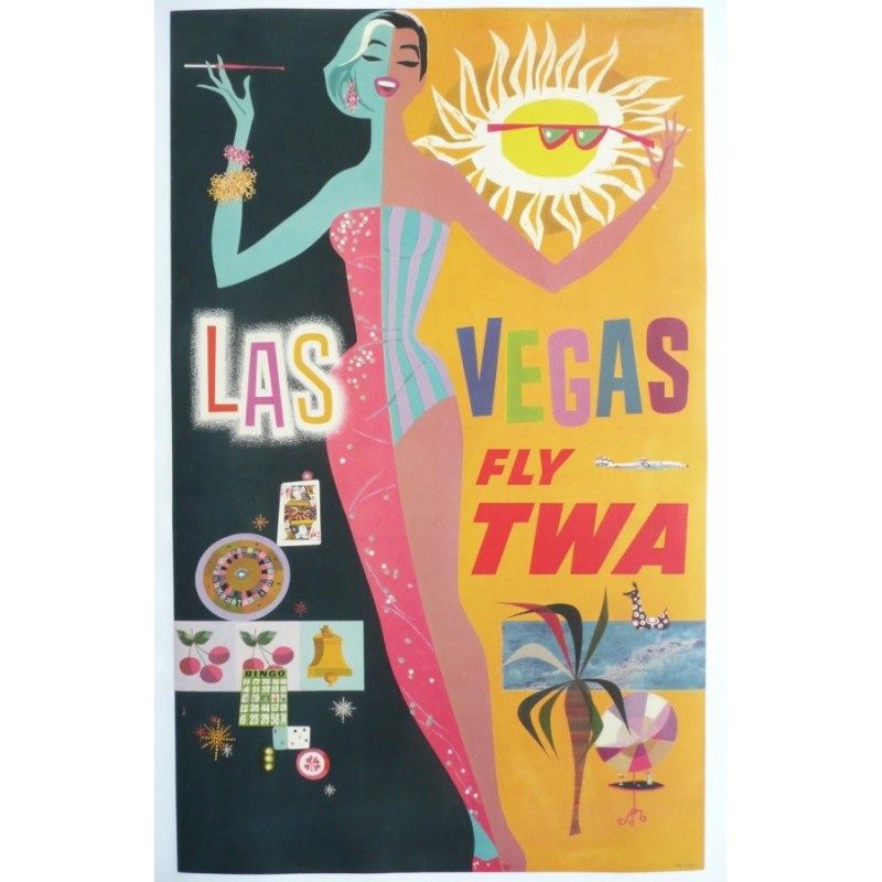 Affiche originale TWA Las Vegas petit format 64 x 39,5 cms - David Klein