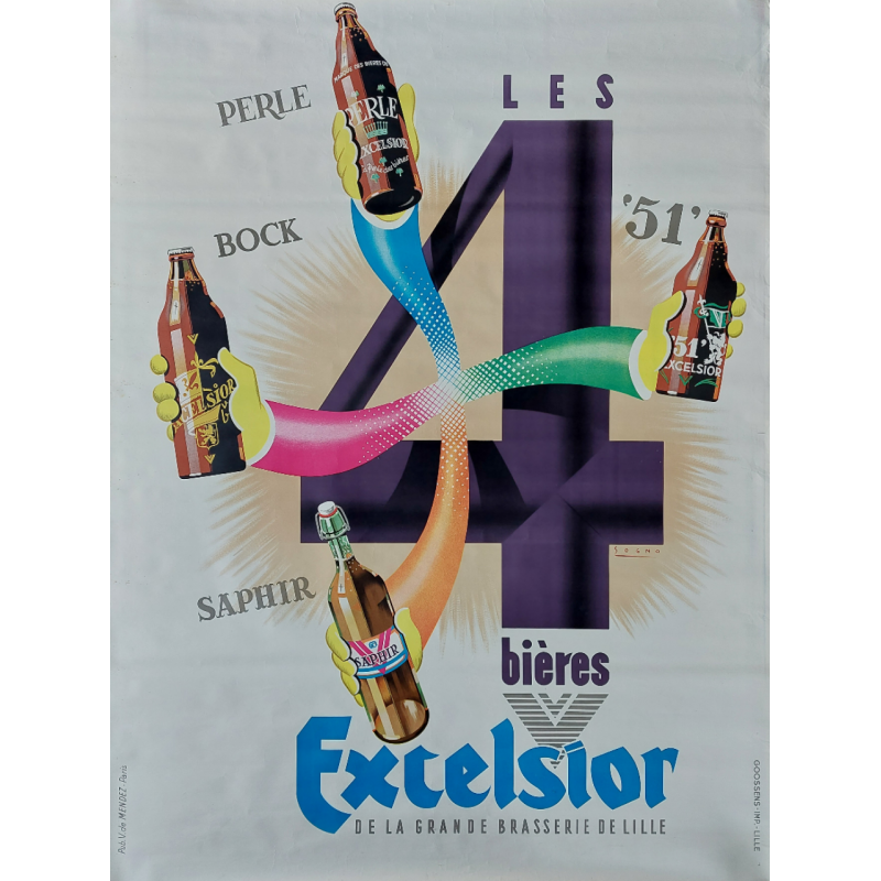 Affiche ancienne originale Les 4 Bières Excelsior Grande Brasserie Lille SOGNO