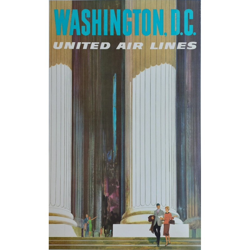 Affiche ancienne originale Washington United Airlines Lincoln Memorial Stan GALLI