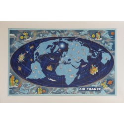Affiche ancienne originale Air France mappemonde zodiaque bleue Lucien BOUCHER
