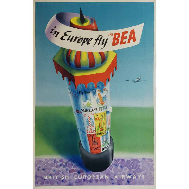 Affiche ancienne originale in Europe fly BEA 1951 British European Airways