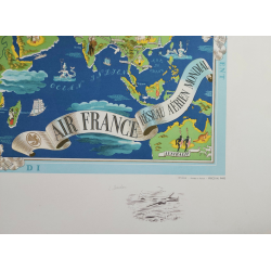 Affiche ancienne originale Air France Planisphère Bleue et Verte numérotée Lucien BOUCHER dessin