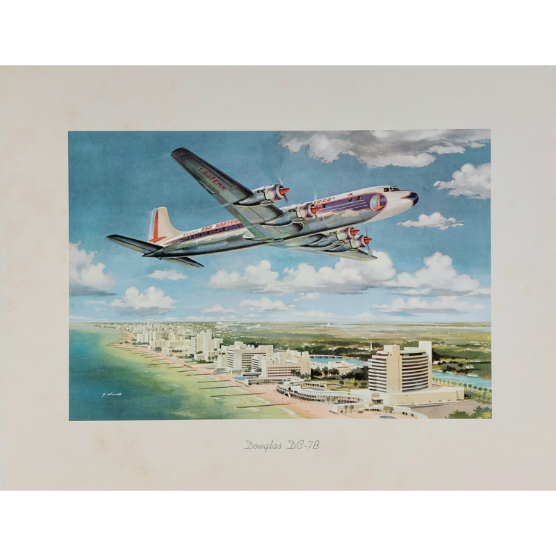 Original vintage travel poster Douglas DC-7B over MIAMI George AKIMOTO
