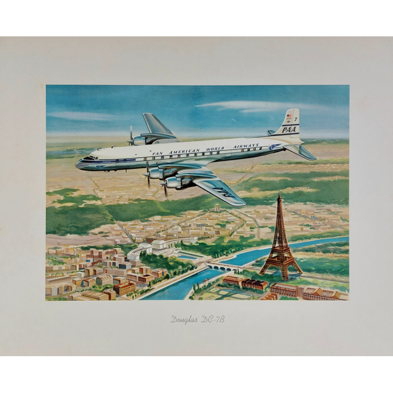 Affiche ancienne originale Pan American Airlines PAA Douglas DC-7B PARIS Tour EIFFEL