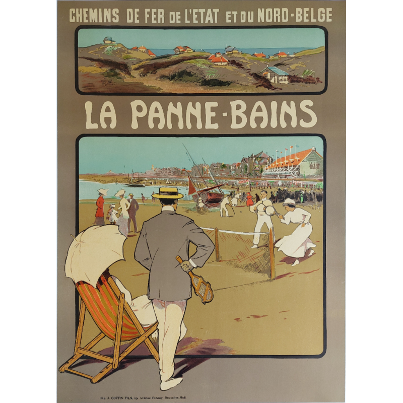 Affiche ancienne originale La Panne Bains Chemin de Fer Belge