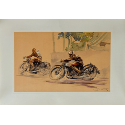 Affiche ancienne originale lithographie Course moto virage GEO HAM