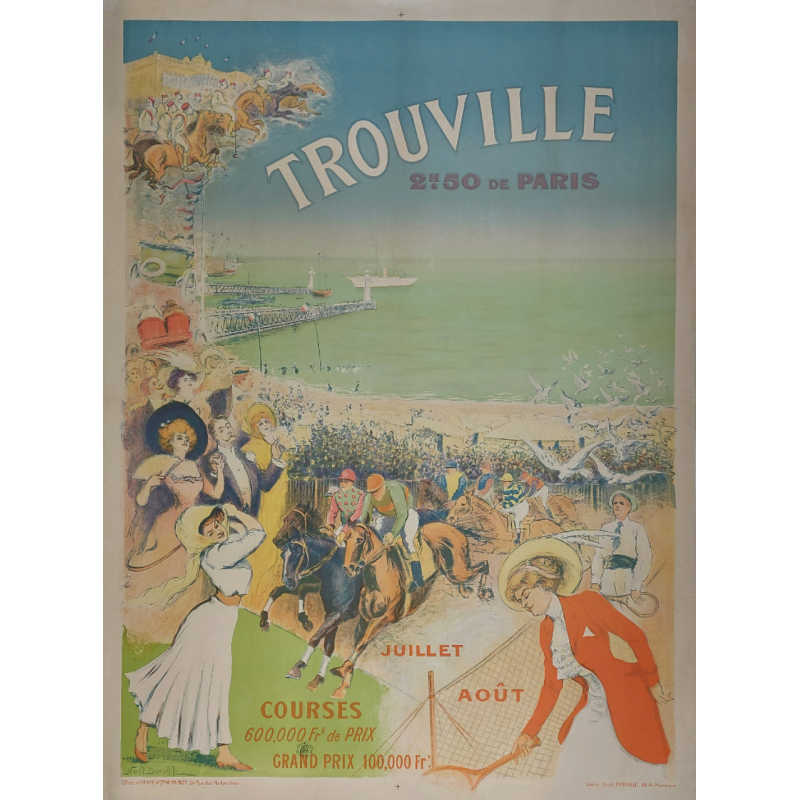 Affiche ancienne originale TROUVILLE golf tennis courses hippiques DORVILLE