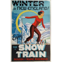 Affiche ancienne originale Winter in New England The Snow train Ted RAY