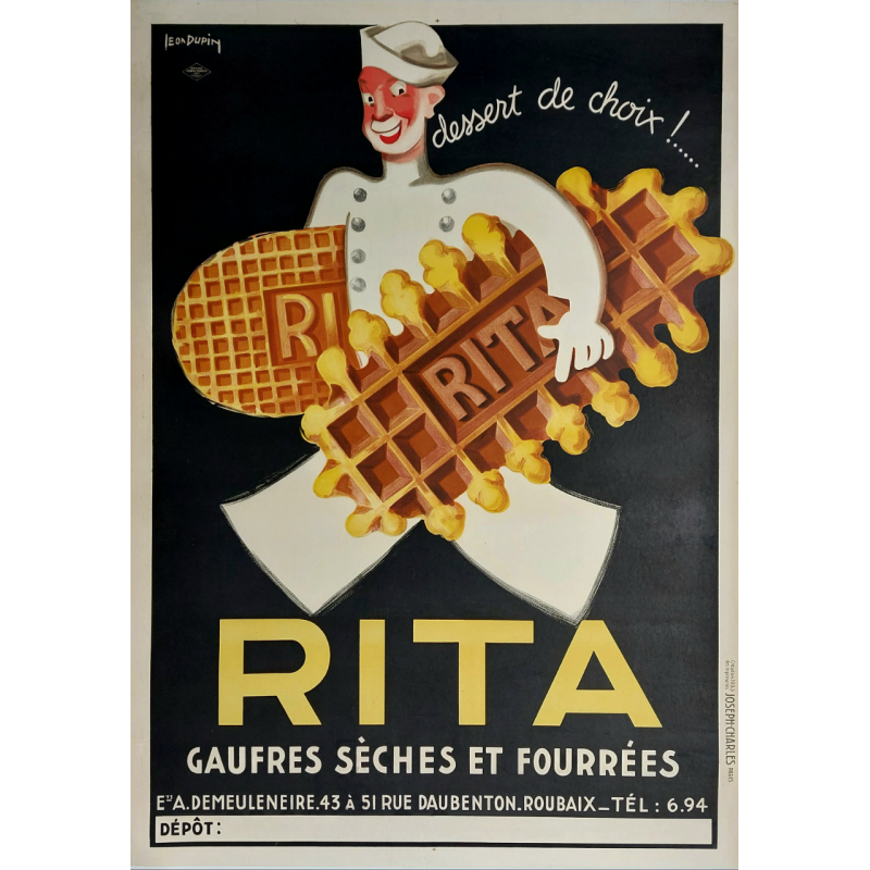Affiche ancienne originale Gaufres RITA sèches et fourrées - Léon DUPIN