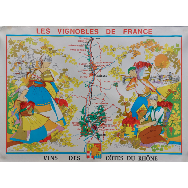 Affiche ancienne originale Vignobles de France Vins des Côtes du Rhône