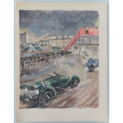 Lithographie ancienne originale 24 heures mans Lagonda vs Bugatti en 1939 Labric GEO HAM