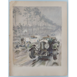 Lithographie ancienne originale 24 heures mans Bentley et Chryler en 1929 Labric GEO HAM