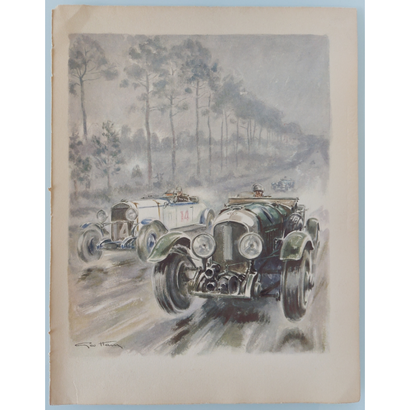 Lithographie ancienne originale 24 heures mans Bentley et Chryler en 1929 Labric GEO HAM