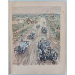Lithographie ancienne originale 24 heures mans Chenard-Walcker Bugatti Salmson en 1923 Labric GEO HAM