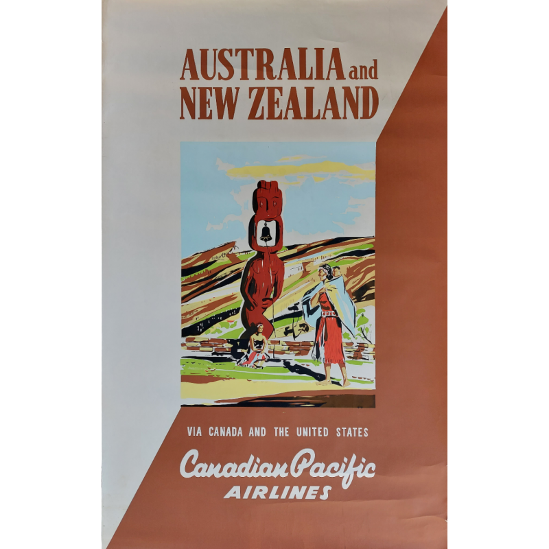 Affiche ancienne originale Canadian Pacific Airlines Australia New Zealand Maori