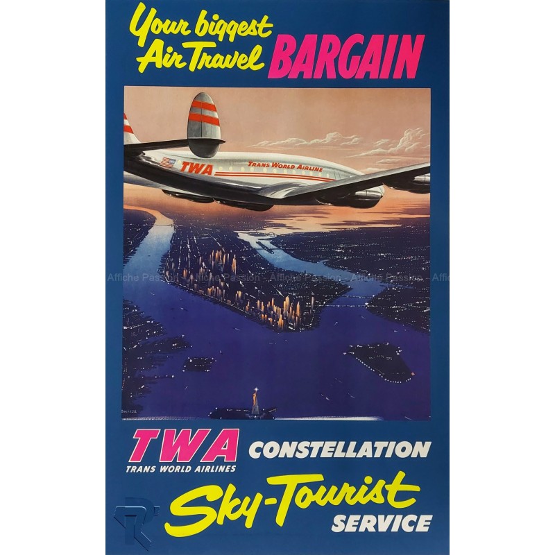 Affiche ancienne originale TWA Constellation Sky-Tourist Frank SOLTESZ