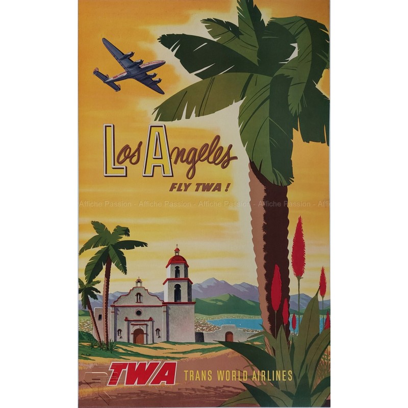 Affiche ancienne originale Los Angeles Fly TWA Bob SMITH