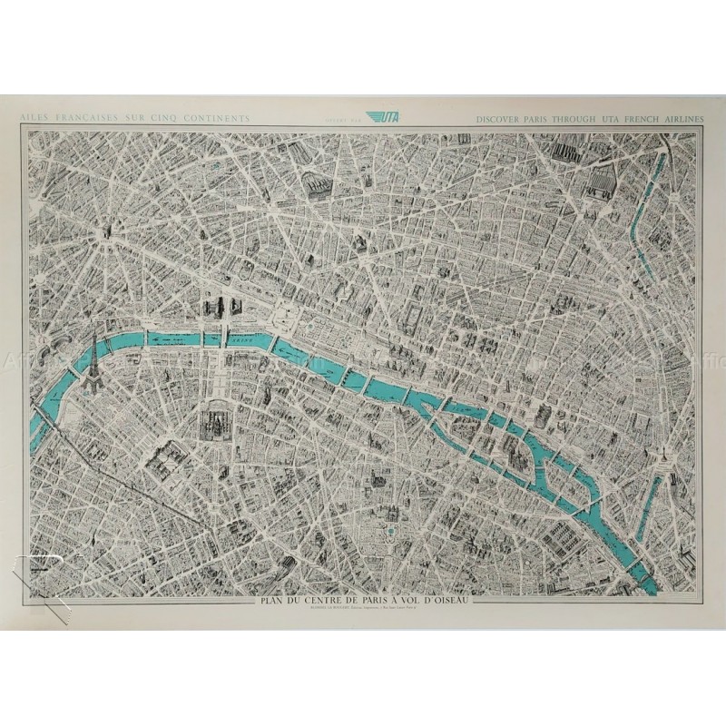 Affiche ancienne originale UTA Plan du centre de PARIS BLONDEL LA ROUGERY