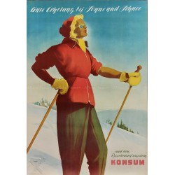 Affiche ancienne originale Konsum voyage ski Allemage de l'Est 1954