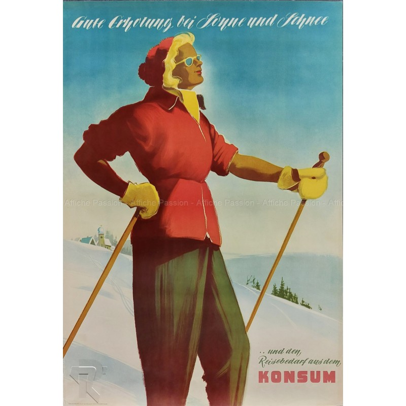 Original vintage poster Konsum travel ski East Germany 1954