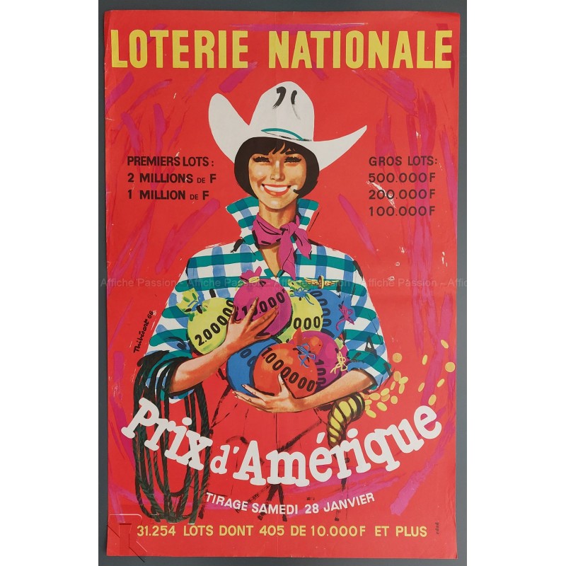 Affiche ancienne originale Loterie Nationale 28 Janvier Prix Amérique