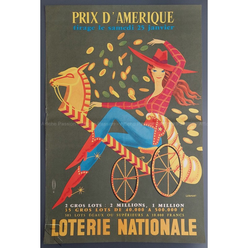 Affiche ancienne originale Loterie Nationale 25 Janvier Prix Amérique