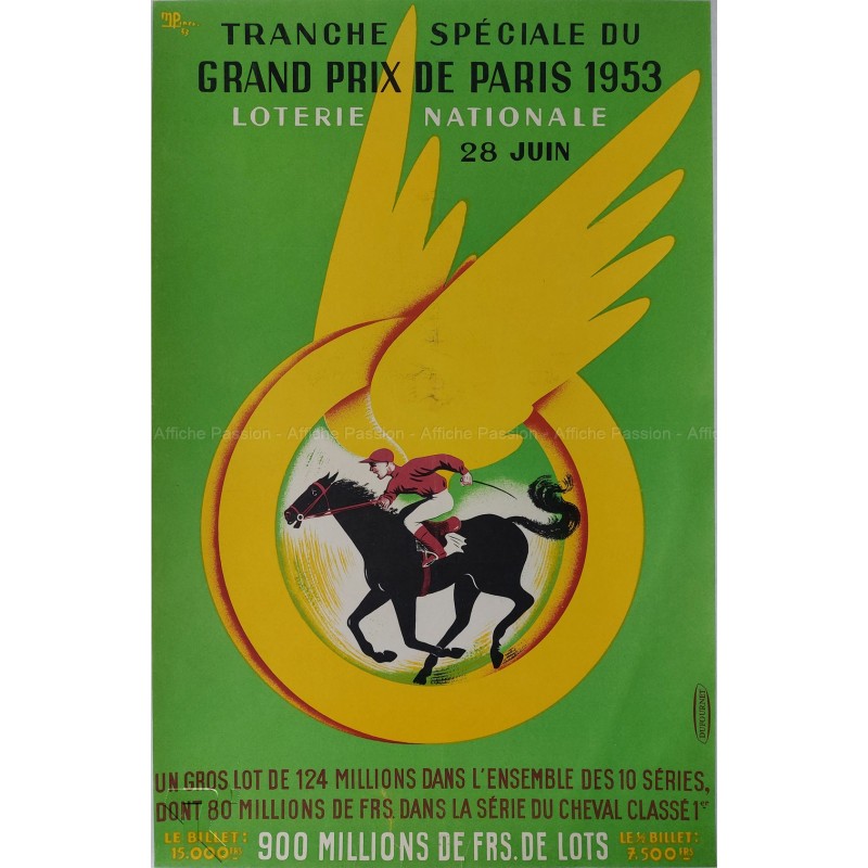 Affiche ancienne originale Loterie Nationale 28 juin Prix de Paris 1953