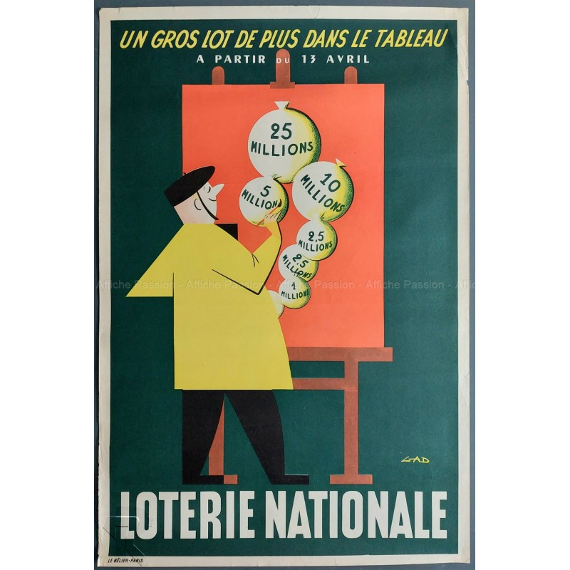 Affiche ancienne originale Loterie Nationale Gros Lot Tableau GAD