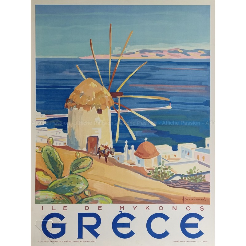 Affiche ancienne originale Grèce île de Mykonos 1949 Linakis Kostas