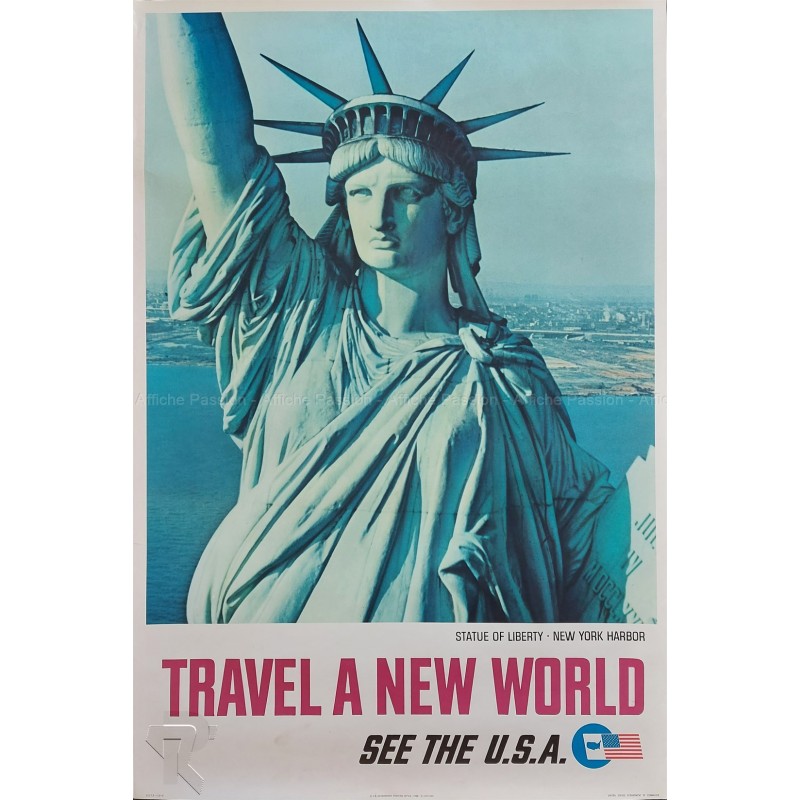 Affiche ancienne originale Travel a new world New York Statue of Liberty