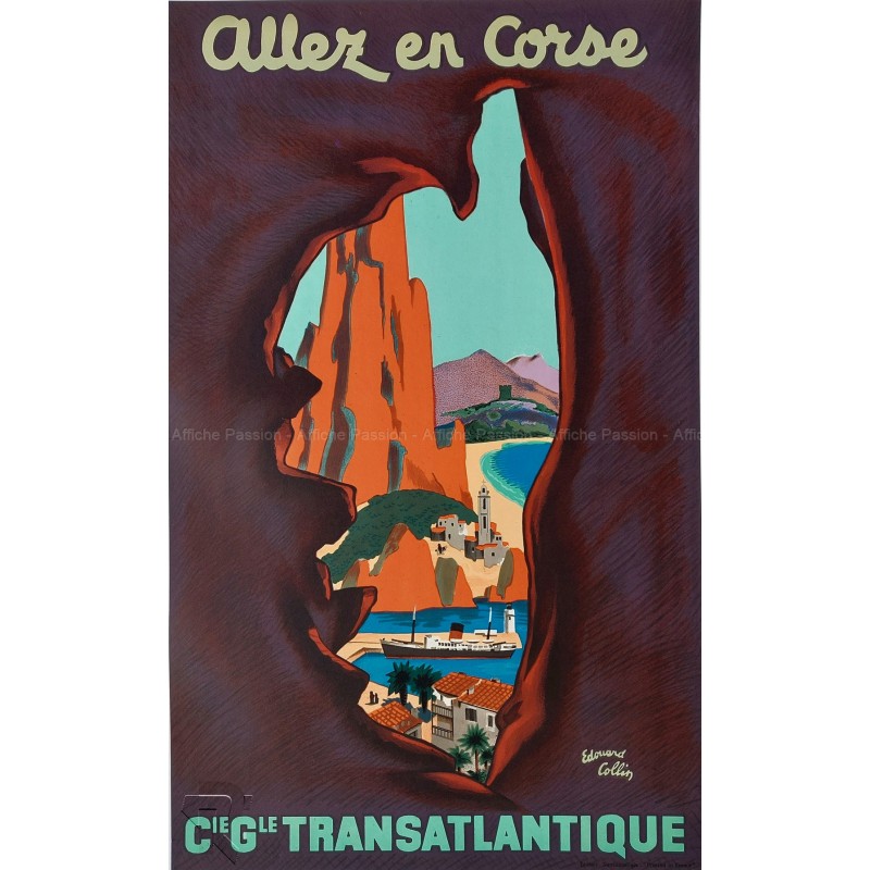 Affiche ancienne originale Allez en Corse CGT Edouard COLLIN