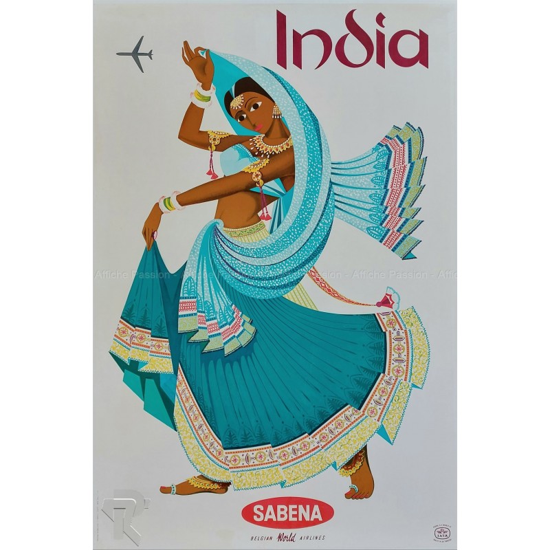 Affiche ancienne originale Sabena INDIA Belgium World Airlines