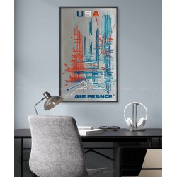Framed original vintage poster Air France USA Georges MATHIEU