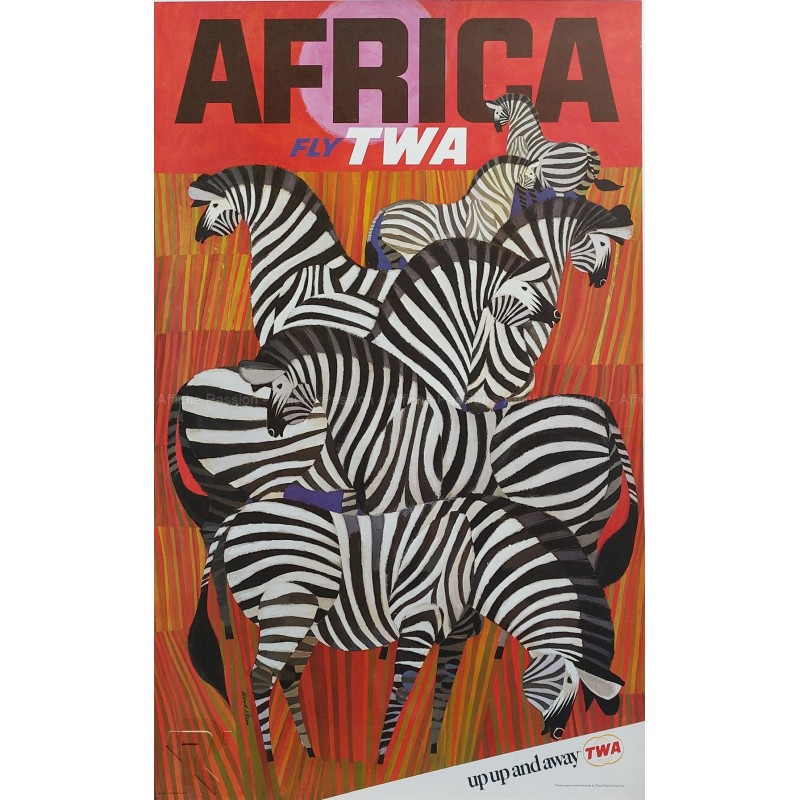 Affiche ancienne originale Fly TWA Africa up up and away David Klein