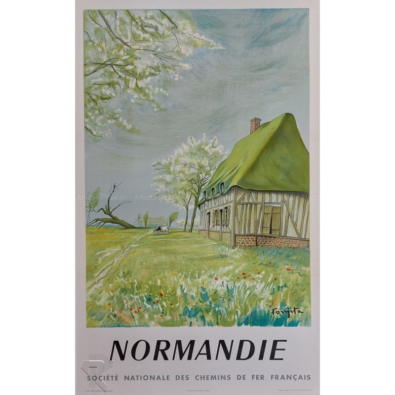 Affiche ancienne originale Normandie SNCF FOUJITA