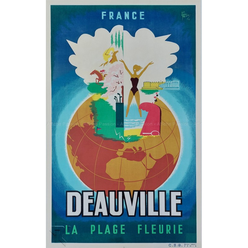 Affiche ancienne originale DEAUVILLE La Plage Fleurie GODREUIL