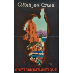 Affiche ancienne originale Cie Gle Transatlantique Allez en Corse Edouard COLLIN
