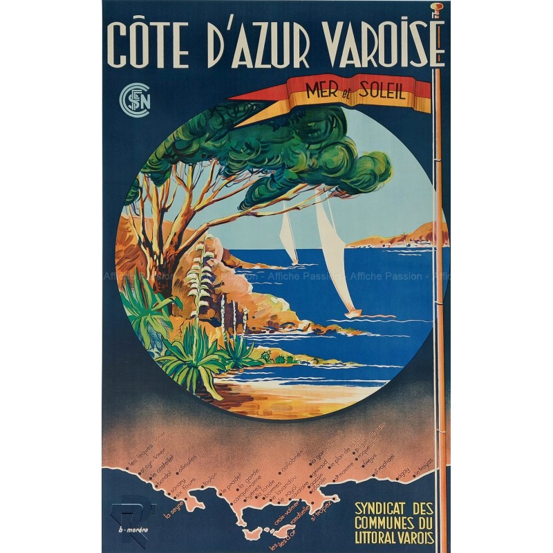 Affiche ancienne originale Côte d'Azur Varoise Mer et Soleil SNCF MORERA