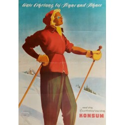 Affiche ancienne originale Konsum voyage ski Allemage de l'Est 1954