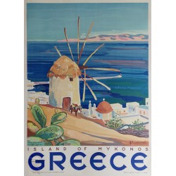 Affiche ancienne originale Greece Island de Mykonos 1949 Linakis Kostas