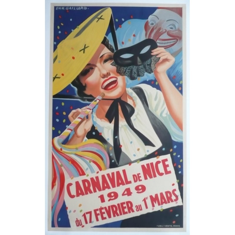 Affiche ancienne originale Carnaval de Nice 1949 Emmanuel GAILLARD