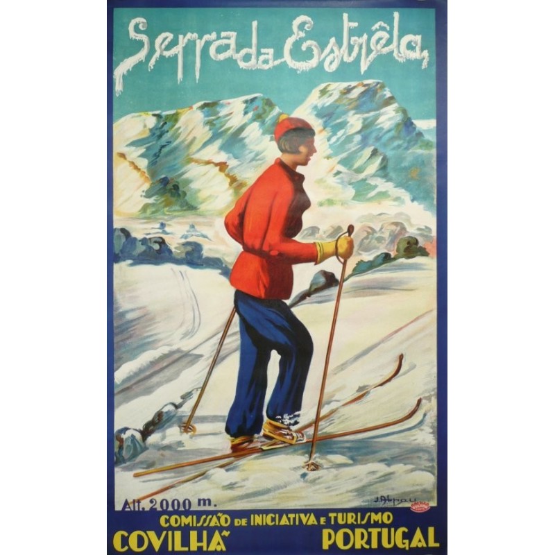 Affiche originale ski Portugal Serra da Estrela sport d'hiver - circa 1930