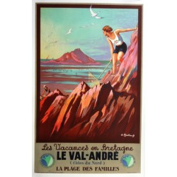 Affiche ancienne originale chemin de Fer de l'Etat - Les Vacances en Bretagne le Val-André - André GALLAND