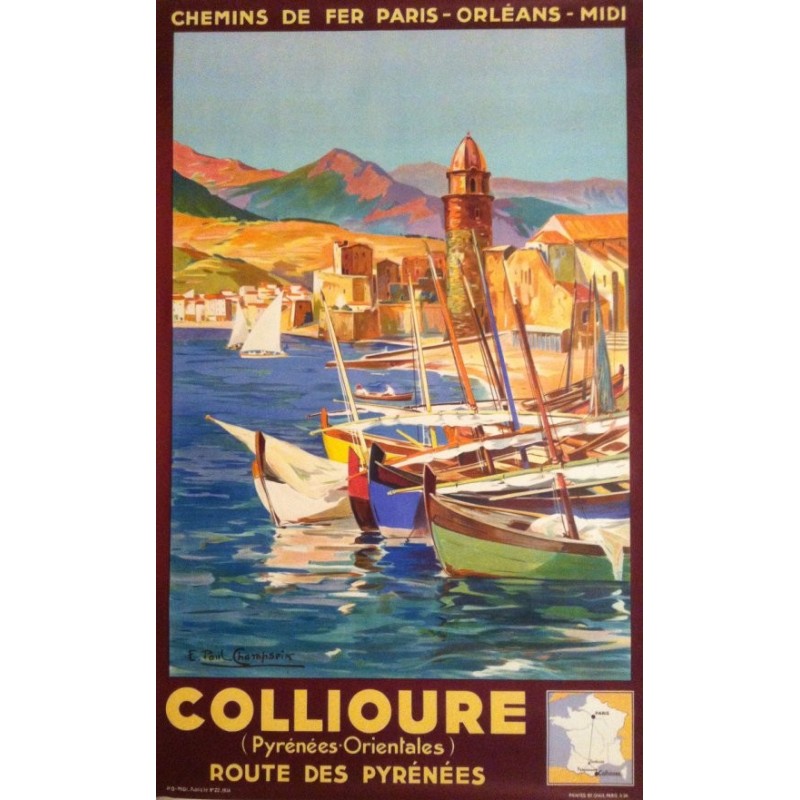 Affiche ancienne originale Collioure - Route des Pyrénées - E PAUL CHAMPSEIX