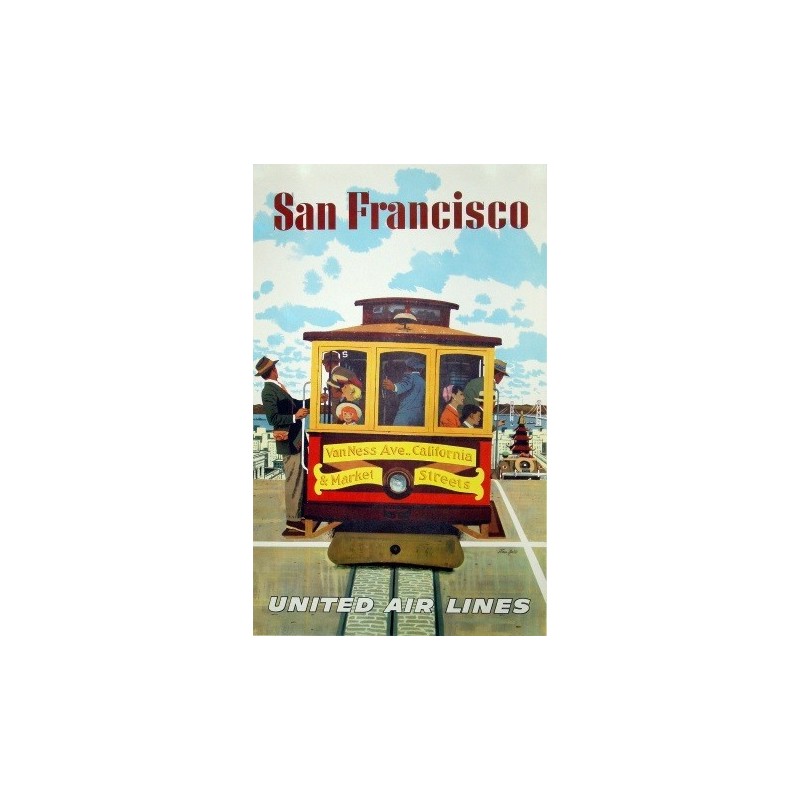 Affiche originale United Airlines San Francisco cable car - Stan GALLI